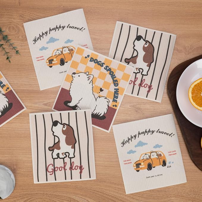Swedish Dishcloths for Kitchen, 6 Pack Cute Dog Swedish Dish Towels with Clips, Reusable Paper Towels Washable Non-Scratch Super Absorbent Cellulose Sponge Cloths, Biodegradable No Odor
