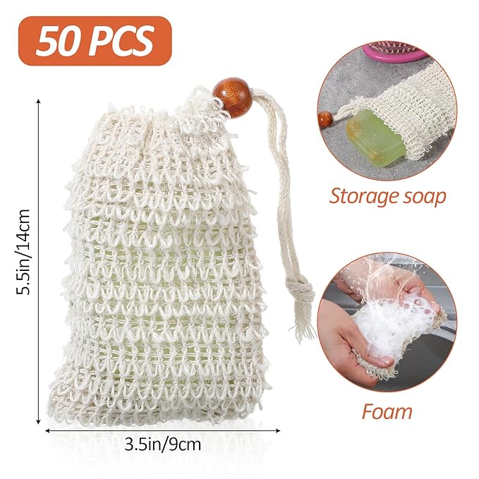 Molain 50 Pack Soap Bags, Natural Sisal Soap Saver Bag, Bar Soaps Pouch for Exfoliating, Foaming, and Drying