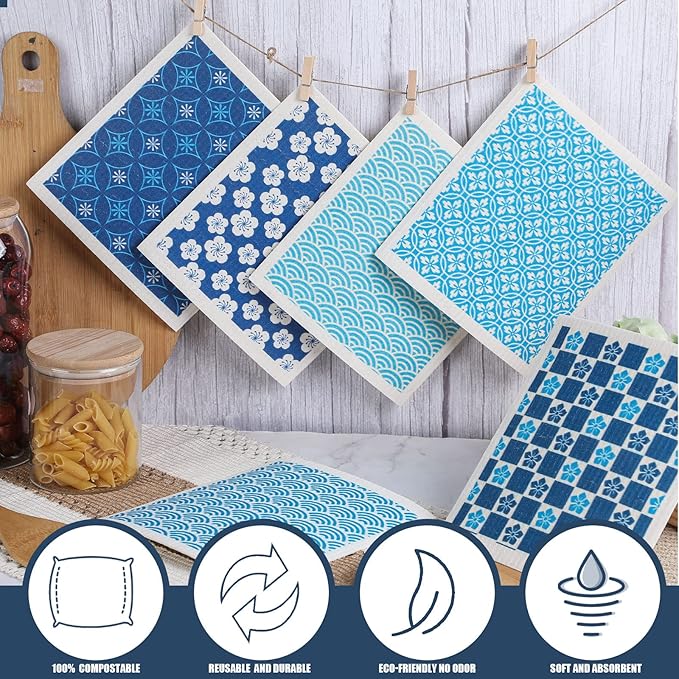 Cunhill 6 Pcs Swedish Kitchen Dish Cloths Kitchen Towels Reusable Sponge Cleaning Cloths Wipes Absorbent Dish Cloth Quick Drying Washable Decorative Tea Towels No Odor Bar Hand Towel (Japanese)