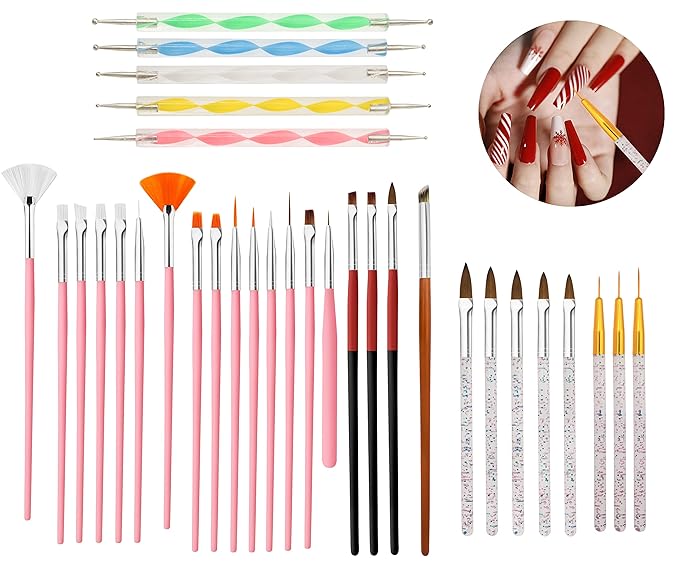 Professional 32PCS Nail Art Brush Set - Premium Nylon Bristle Dotting Pens, Striping Liner Brushes, Detailing Tools & Dust Cleaner for Salon & DIY Manicure