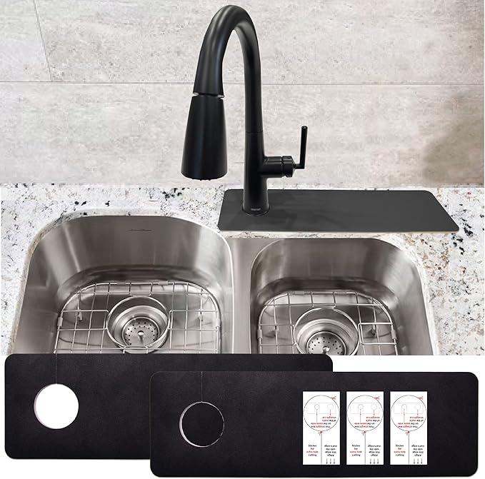 Faucet Mat for Kitchen Sink Offset : AHA HOMEWARE Kitchen Sink Splash Guard for Offset Double Sink, Cuttable Extra Hole for Soap Dispenser, Diatomite Leather Absorbent Fast Drying (Black)