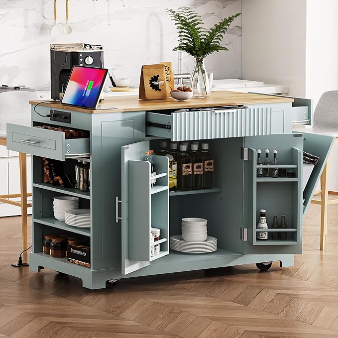 48.5" Kitchen Island with Trash Can Storage Cabinet, Power Outlet, Internal Storage Rack, Rolling Kitchen Islands Cart on 5 Wheels with 3 Drawers, 3 Open Side Racks, Grey Blue