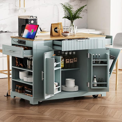 48.5" Kitchen Island with Trash Can Storage Cabinet, Power Outlet, Internal Storage Rack, Rolling Kitchen Islands Cart on 5 Wheels with 3 Drawers, 3 Open Side Racks, Grey Blue