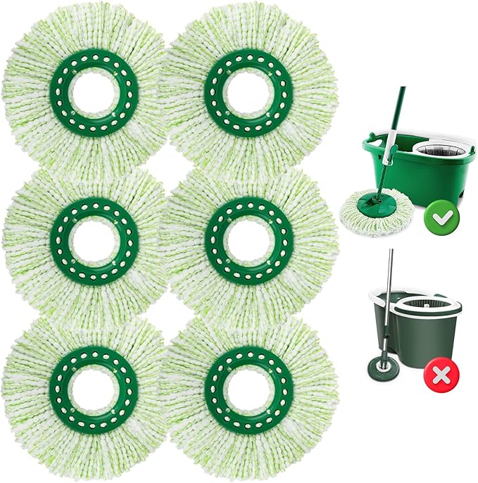 6 Pack Mop Head Replacement for Libman Tornado Spin Mops, Spin Mop Head Refill ONLY Compatible with Libman, Easy to Replace, Machine Washable, Green and White (NOT for Old Version)