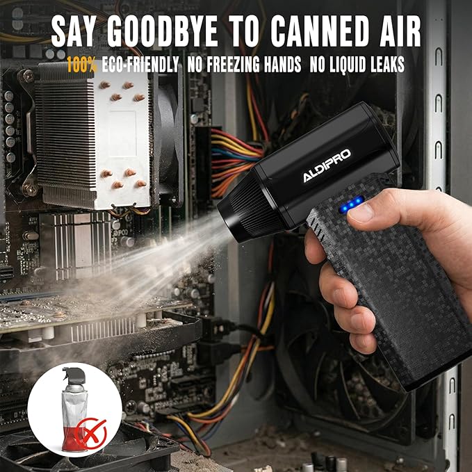 ALDIPRO Brushless Compressed Air Duster - 110000RPM Electric Air Duster, Rechargeable 3-Speed Small Blower & PC Cleaning Kit for Computer, Keyboard, Car and House