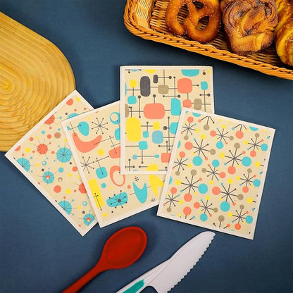 8 Pcs Swedish Dishcloths Kitchen Dish Towel Reusable Washable Kitchen Towels Nordic Nature Retro Mid-Century (Retro Atomic)