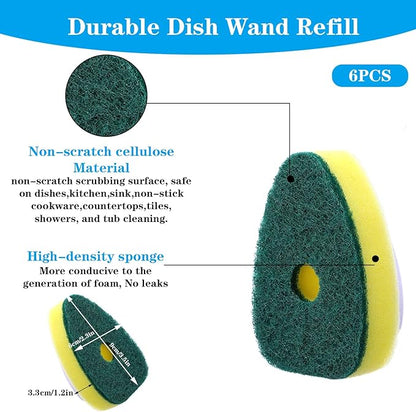 6Pcs Dish Wand Sponge Refills Dishwasher Sponge Dishwand Refills Scrubber Sponges Non Scratch Head Replacement for Dish Wand Heavy Duty Soap Dispenser Scrubber Pads for Kitchen Cleaning