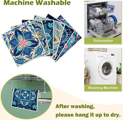 6 Packs Swedish Paper Cloths for Kitchen, Reusable Paper Towels Washable Dish Rags, Highly Absorbent Kitchen Towels Quick Drying Swedish Sponge Cleaning Dish Cloths(Blue Retro Floral)