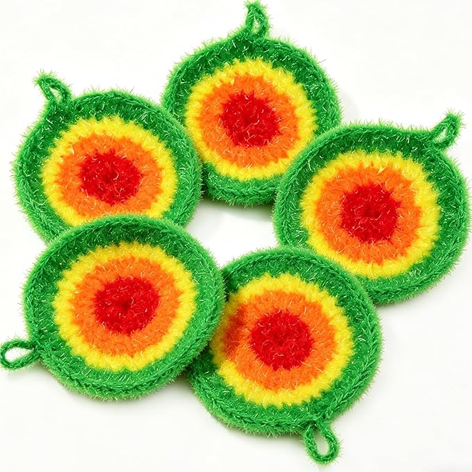 5PCS Round Dish Scrubbies, Reusable Dish Scrubber Sponge, Kitchen Cleaning Cloth with Hooks, 6.3Inches in Diameter, Hand-Safe and Odor-Free, Strong Oil Resistance and Easy Foaming