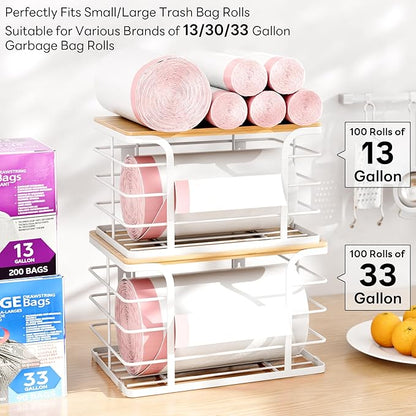 2 Pack Extra Large Stackable Pantry Organizer,Wall Mount Garbage Bag Holder Dispenser with Bamboo Top for Kitchen Laundry Room Organization,White