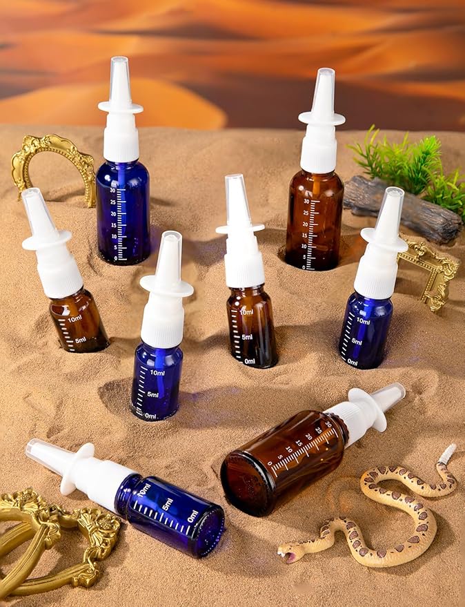 10 Pcs Nasal Spray Bottle, 10ML/0.35OZ 6Pcs Glass Empty Brown Blue Scale Nasal Nose Spray Bottles Refillable with 2 Funnels and 2 Labels