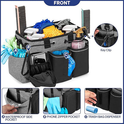 LoDrid Large Professional Cleaning Caddy with Detachable Divider, Supply Organizer with Handle and Shoulder Strap, Cleaning Bags for Housekeepers & Cleaners, Black