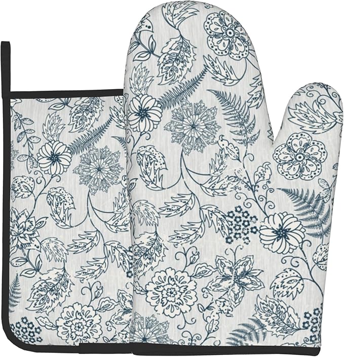 Blue Floral Oven Mitts Set – Vintage Pot Holders Kitchen Gloves for Women Teal Plant Kitchen Mitts Potholders Set of 2 for Cooking & Baking
