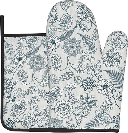 Blue Floral Oven Mitts Set – Vintage Pot Holders Kitchen Gloves for Women Teal Plant Kitchen Mitts Potholders Set of 2 for Cooking & Baking