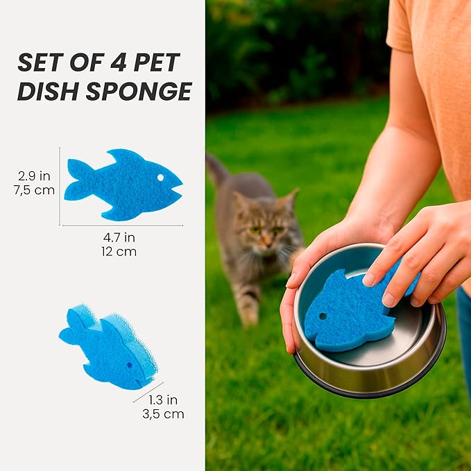 Vigar Pets Scrubber Sponge Set for Pet Bowls - Set of 4 Fish-Shaped Non-Scratch Dish Sponge for Dog & Cat Feeding Bowls, Double-Sided Reusable Scrub Sponges for Cleaning Dishes & Pet Plates - Blue