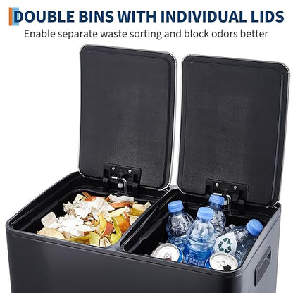 Takywep 2 x 8 Gal (2 x 30L) Kitchen Dual Trash Can, Stainless Steel Double Trash Can with 2 Removable Inner Buckets, Soft-Close Lid, Double Compartment Recycling Bin for Kitchen Home Office, Black