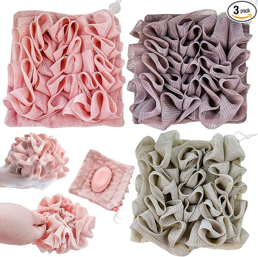 3 Pcs Soap Bar Loofah, 2 in 1 Bar Soap Loofah Pouch Can Hold Soap Effective Exfoliation for Bathing (Khaki + Coffee + Pink)