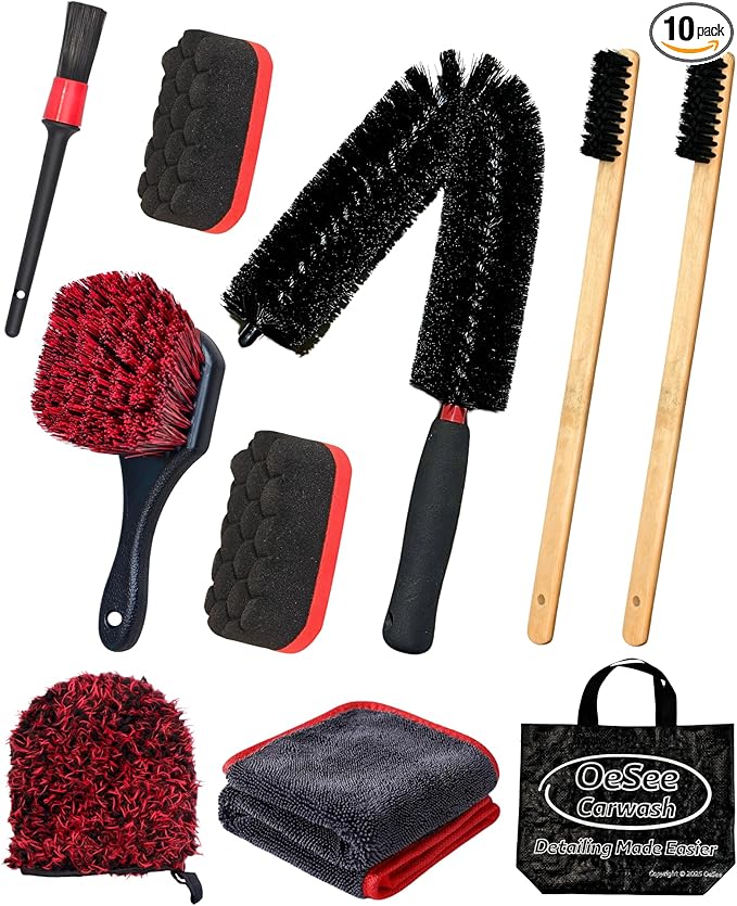 oesee 10PCS Engine Bay Cleaning Kit, Professional Under Hood Detailing Tools with Long Bendable Brush & Natural Bamboo Horsehair Brush, Applicators, Towel for Car, Truck