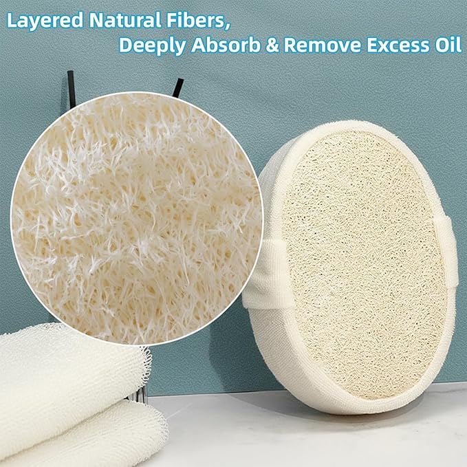 Natural Loofah Sponge, Thick 5cm with Sponge-Filled Cushion Core, Natural Loofah Exfoliating Face & Body Scrubber, Gentle Exfoliating Bath Sponge for Women & Men, Reusable & Biodegradable