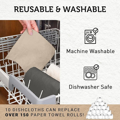 Nordhus Design Swedish Dishcloths, Dark Gray, Grey, White, Beige 10-Pack, Reusable, Washable Cellulose Cotton Kitchen Cloths - Replace Paper Towels, Wipes, Sponges, Dish Rags