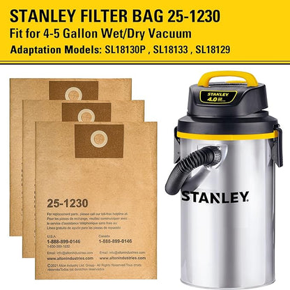 Stanley 25-1230 4-5 Gallon Disposable Filter Bag for Wet/Dry Vacuums, 3-Pack