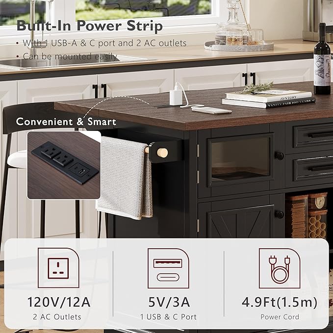 54.9" Large Kitchen Island with Drop Leaf, Power Outlet, Kitchen Storage Islands with Cross Barn Doors & Visual Glass Door, Rolling Kitchen Cart on 4 Wheels, Black