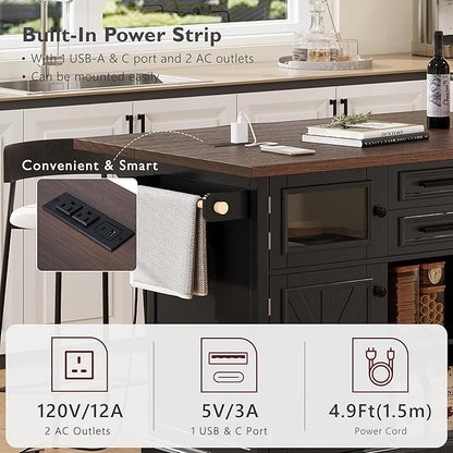 54.9" Large Kitchen Island with Drop Leaf, Power Outlet, Kitchen Storage Islands with Cross Barn Doors & Visual Glass Door, Rolling Kitchen Cart on 4 Wheels, Black