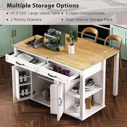 47" Kitchen Island with Extendable Dining Table, Movable Farmhouse Kitchen Islands with Storage Rack, Power Outlet, Island Table on Wheels with 2 Storage Drawers & 2 Cabinets, White