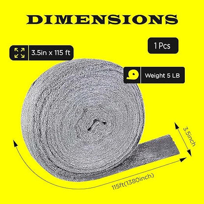 5 LB Grade 0000 SIMBA Steel Wool Reel, Very FINE - 3.5 in x 115 FT, Multi-use for Cleaning, Rust Removal, Wood Buffing, Metal Finish, V.F 5 LB - (2.27kg)