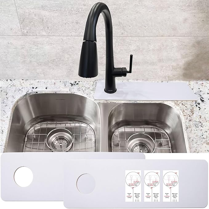 Faucet Mat for Kitchen Sink Offset : AHA HOMEWARE Kitchen Sink Splash Guard for Offset Double Sink, Cuttable Extra Hole for Soap Dispenser, Diatomite Leather Absorbent Fast Drying (Light Gray)