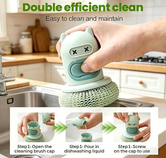 Refillable Soap Dispensing Dish Brush, Palm Grip Kitchen Scrubber, Push-Button Soap Dispenser, Heavy-Duty for Dishes Pots Pans Nonstick Cookware, BPA-Free Food-Safe Kitchen Cleaner (Green)