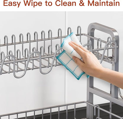 2 Tier Dish Drainer Drying Rack for Kitchen Counter, Large Stainless Steel Dishes Dryer with Drainboard, Space Saving, Big Rustproof Metal Modern Countertop Plates Strainer with Utensil Holder, Sliver
