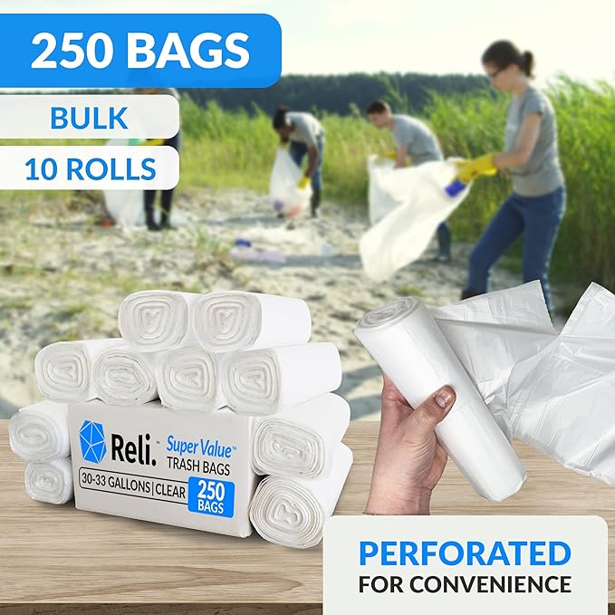 Reli. 30-33 Gallon Trash Bags Heavy Duty | 250 Count Bulk | Clear Large Trash Bags 30+, 32 Gallon | Made in USA
