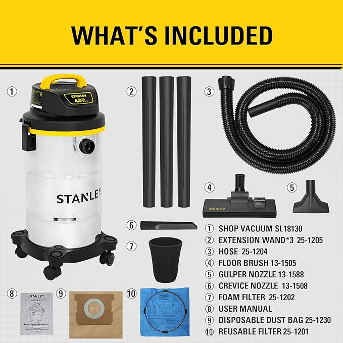 STANLEY Shop Vacuum Wet/Dry, 5 Gallon, 4 Horsepower, Stainless Steel Wet/Dry Vac Silver+Yellow+Black