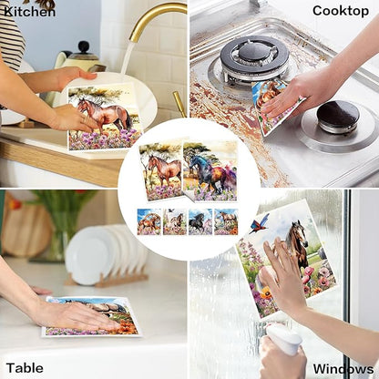 Horses Swedish Dishcloths for Kitchen, 6 Pack Farmhouse Absorbent Dish Cloths for Washing Dishes, Reusable Washable Paper Towels Cloth for Kitchen Countertop Sink Fast Drying Sponge Cloths