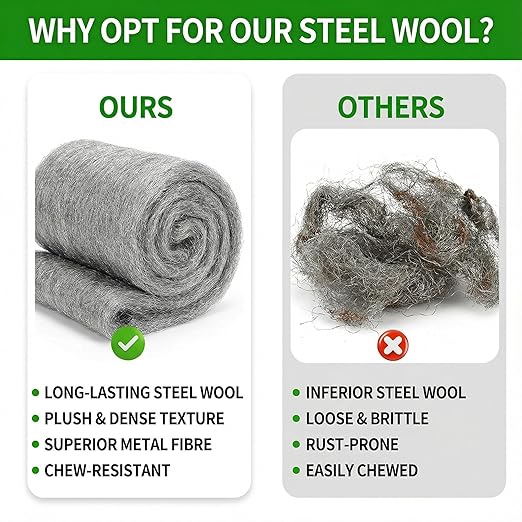 Steel Wool Rust-Proof 3 Packs 3 inch x 12 FT Fine Steel Wool for Hole Filling, Protect Against Animals in Holes Holes, Siding, Pipeline, Vents for Garden, Garage,