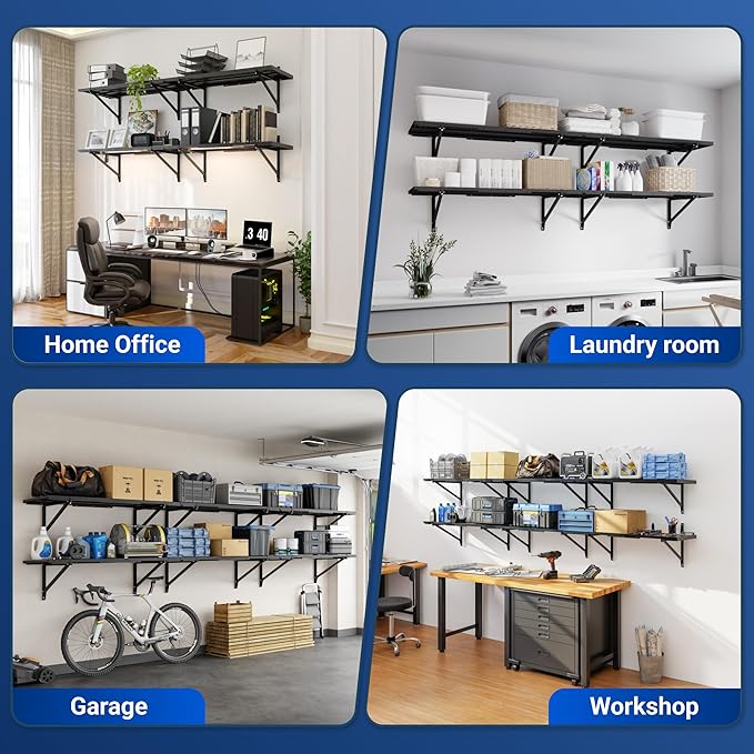 FLEXIMOUNTS 2-Pack 1x6ft Garage Shelving 14-inch-by-68-inch Perforated Wall Shelf, Heavy Duty Garage Storage Rack with 1400 lbs Load Capacity, Wall Mounted Organization System for Tools, Heavy Bins