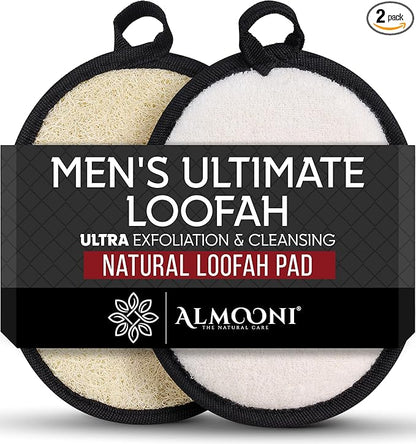 Almooni Natural Exfoliating Loofah for Men, Lightly Abrasive Egyptian Loofah Body Scrubber for Men, Dual-Sided with Cotton Back, Hand Strap, Black, 2-Count
