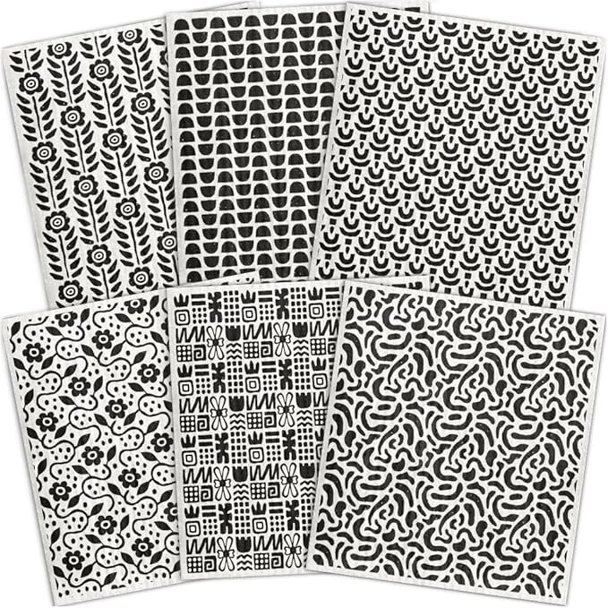 Swedish Dishcloths for Kitchen – 6 Pack Cellulose Reusable Cleaning Paper Towels – Soft, Quick-Drying, Washable Dish Rags for Kitchen, Counters & More (Black Texture)