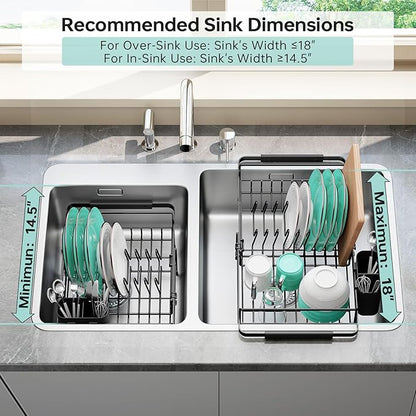 Urackify Dish Drying Rack in Sink - Expandable (14.5''-18''L) Over The Sink Dish Rack with Utensil Holder, Space-Saving Dish Drainer for Kitchen Counter, 1 Piece, Matte Black