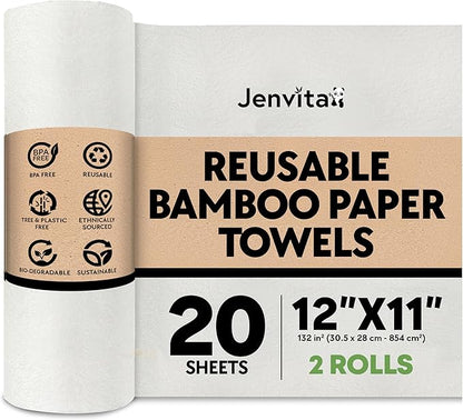 Jenvita Reusable Bamboo Paper Towels |Heavy Duty, Absorbent & Durable | Reusable Washable Paper Towels | FSC Certified | 100% Rayon Derived From Bamboo | Kitchen Towels | 20 Sheets, 12"x11" | 2 Rolls