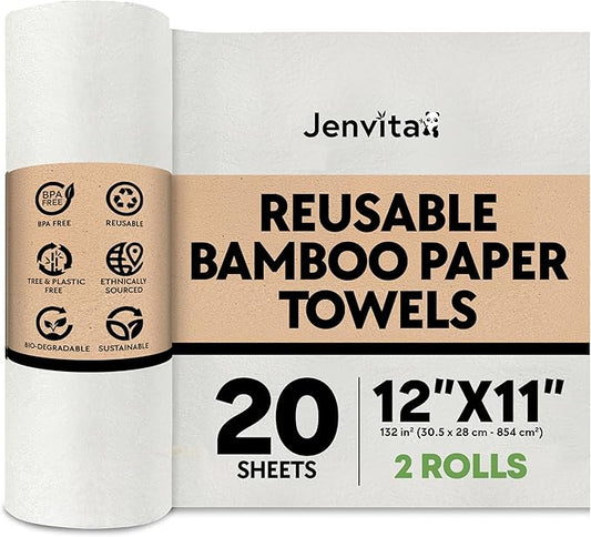 Jenvita Reusable Bamboo Paper Towels |Heavy Duty, Absorbent & Durable | Reusable Washable Paper Towels | FSC Certified | 100% Rayon Derived From Bamboo | Kitchen Towels | 20 Sheets, 12"x11" | 2 Rolls