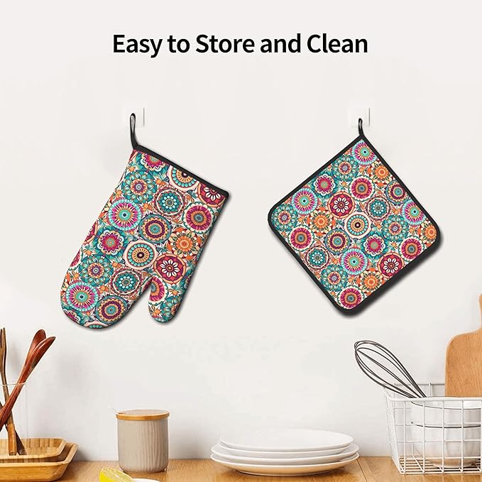 Boho Oven Mitts and Pot Holders - Mexican Flower Kitchen Mitt Sets of 2 Bohemian Oven Gloves Hot Pads for Cooking Baking Grilling