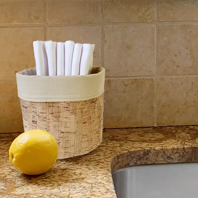 Reusable Paper Towel Set/Towels and Cork Fabric Basket/American Made/Machine Washable/Absorbent and Durable Edges and No Pilling (Khaki & Cork Leather Basket, 24 Pack Towels)