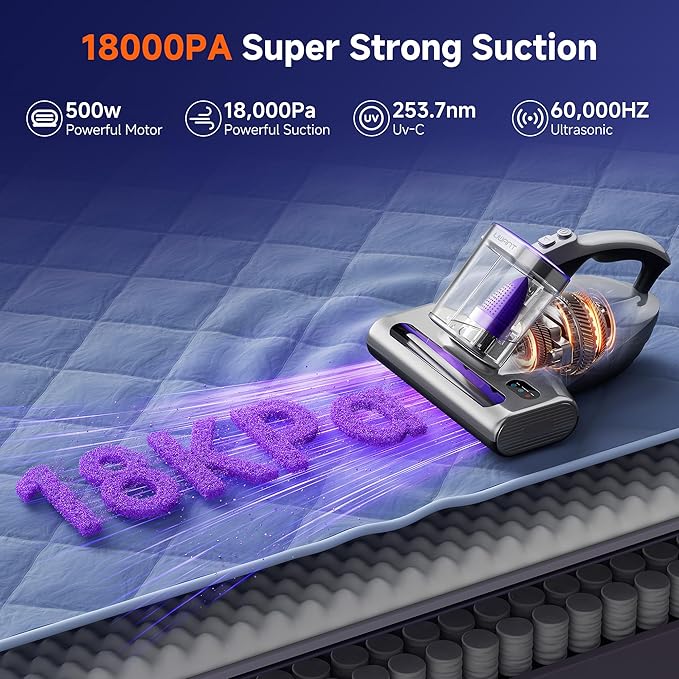 uwant Mattress Vacuum Cleaner, 18KPa Bed Vacuum with 253.7nm UV-C Light, 500W Powerful Handheld Vacuum with 65° Hot Air, 60000 RPM/Min Tapping, Ultrasonic, HEPA Filter for Bed, Sofa, Crib