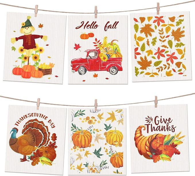 Remagr 6 Pcs Swedish Kitchen Dish Towels Kitchen Cloths Reusable Sponge Cleaning Cloths Absorbent Dish Cloth Quick Drying Washable Cleaning Wipes No Odor Hand Towel (Thanksgiving)