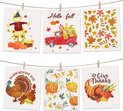 Remagr 6 Pcs Swedish Kitchen Dish Towels Kitchen Cloths Reusable Sponge Cleaning Cloths Absorbent Dish Cloth Quick Drying Washable Cleaning Wipes No Odor Hand Towel (Thanksgiving)