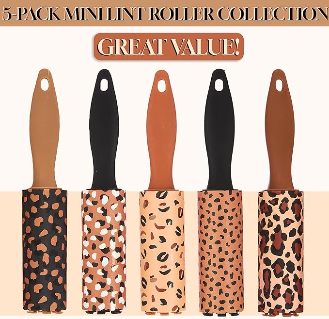 5pc Brown Mini Lint Roller Value Pack – Colorful Compact Rollers for Travel | Pet Hair & Lint Remover for Clothing & Household Use | Portable On-the-Go Lint Removers