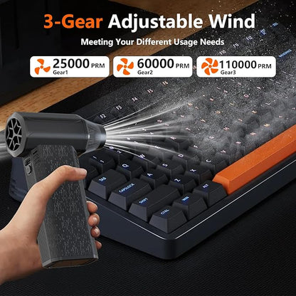Compressed Air Duster-110000RPM Super Power Electric Air Duster, 3-Gear Adjustable Mini Blower with Fast Charging, Dust Blower for Manchine, Keyboard, House, Outdoor and Car