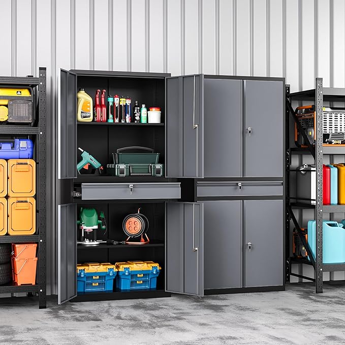 Metal Storage Cabinet with Drawer, Garage Storage Cabinet with Locking Doors and Adjustable Shelves for Garage, Home Office,Warehouse